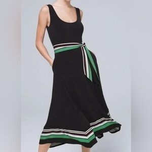 WHBM Black Green Pink White Stretch Midi Tie Waist Sleeveless Dress w Pockets